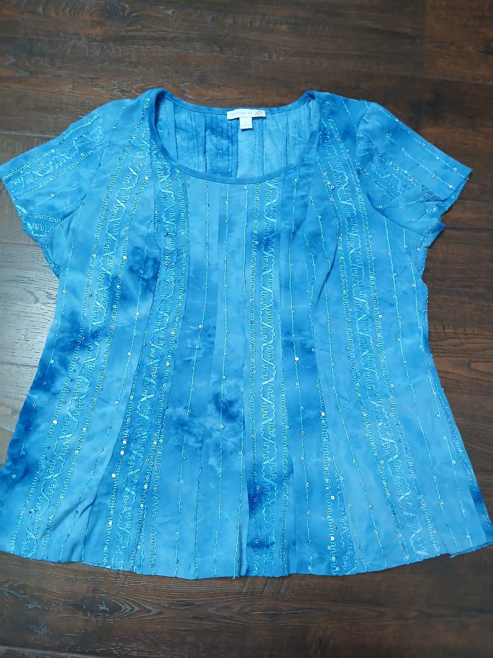 Westport 1962 Petite XL Blue Tie-Dye Sequin Short Sleeve Scoop Neck Blouse